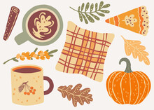 Coffee Cup, Pumpkin Pie, Pillow, Spice, Forest Leaves. Autumn Mood Decor. Fall Season. Set Of Vector Illustrations.