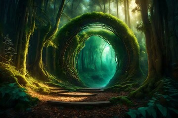 art of a magical portal in the middle of an enchantic spectacula fantastic forest, generative ai