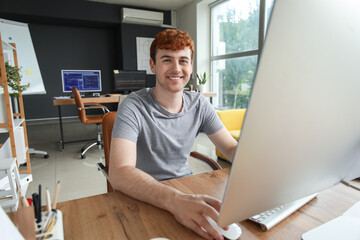 Canvas Print - Male programmer working with computer at table in office