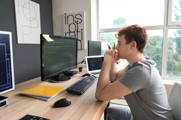 Male programmer working with computer at table in office