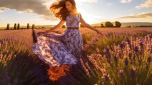 A Beautiful Young Woman In A Dress Splashing Around Happily In A Field Of Lavender, France. Generate Ai