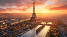 Aerial View Of Eiffel Tower Paris France Sunrise. Generate Ai
