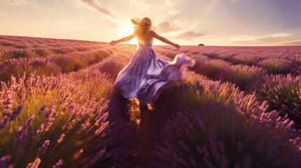 A beautiful young woman in a dress splashing around happily in a field of lavender, France. Generate Ai
