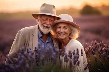 Wall Mural - Happy senior couple in lavender fields, France, at sunrise. Generate Ai