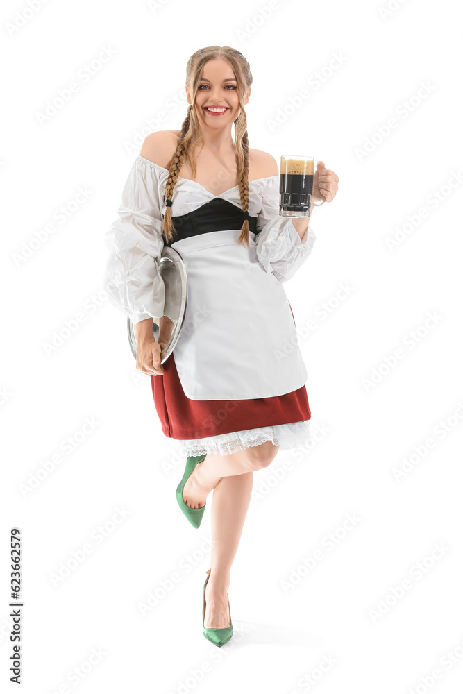 Beautiful Octoberfest waitress with beer on white background
