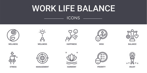 work life balance concept line icons set. contains icons usable for web, logo, ui/ux such as wellness, wish, stress, harmony, priority, enjoy, balance, happiness