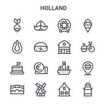 Set Of 16 Holland Concept Vector Line Icons. 64x64 Thin Stroke Icons Such As Hat, Rookworst, Bike, Boat, Windmill, Milk Can, House, Barn, French Fries