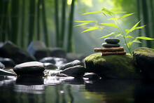 States Of Mind, Meditation, Feng Shui, Relaxation, Nature, Zen Concept. Bamboo, Rocks And Water Background With Copy Space. Nature Illuminated With Sunlight. Generative AI
