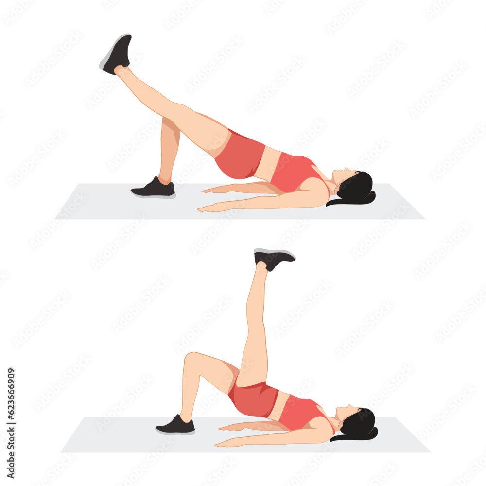 Girl doing single leg glute bridge exercise, bridge with kick, woman ...