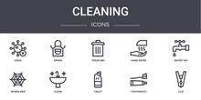 Cleaning Concept Line Icons Set. Contains Icons Usable For Web, Logo, Ui/ux Such As Apron, Hand Dryer, Spider Web, Toilet, Toothpaste, Clip, Water Tap, Trash Bin