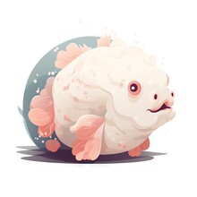  A White Fish With A Pink Tail And A Blue Circle Around It's Neck, With Bubbles On Its Body And A Pink Nose.  Generative Ai