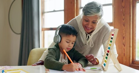 Leinwandbilder - Kid, math homework or grandmother teaching or helping for knowledge, education or child development. Grandparent, headphones or smart boy writing or counting numbers to study for test on abacus