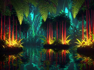 Wall Mural - Tropical night forest with magic lights, Generative AI Illustration