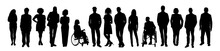 Silhouettes Of Diverse Business People Standing, Men And Women Full Length, Disabled Person Sitting In Wheelchair. Inclusive Business Concept. Vector Illustration Isolated On Transparent Background. 