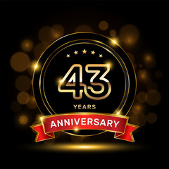 43 year anniversary logo with a gold emblem shape and red ribbon, logo template vector