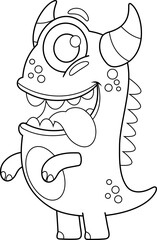 Wall Mural - Outlined Crazy Monster Cartoon Character. Vector Hand Drawn Illustration Isolated On Transparent Background