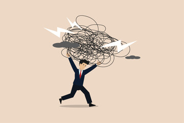 Wall Mural - Stress burden, anxiety from difficulties and workload, problems in economic crisis or pressure from too much responsibility concept. Businessman illustration.