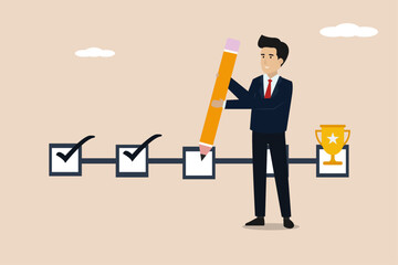 Wall Mural - Project tracking, goal tracker, task completion or checklist to remind project progress concept, businessman project manager holding big pencil to check completed tasks in project management timeline.