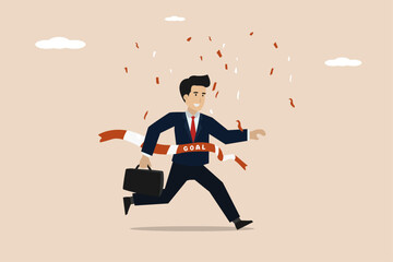 Wall Mural - Business winner reaching goal, success celebration, career path or glory to finish working project concept, joyful smart businessman worker running reaching goal at the finishing line as first winner.