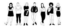 Multinational Business Team Members Standing. Set Of Different Men And Women Characters. Modern Vector Simple Outline Stylized Illustrations For Graphic, Web Design. Isolated On Transparent Background