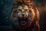 Fototapeta  - An angry lion with an open mouth. expression of anger. Portrait of a big male lion with open mouth on a dark background. Generative AI technology
