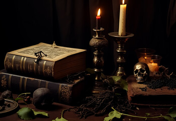 Wall Mural - Mysterious still life Voodoo Black magic with burning candles, skull, grimoire book and tarot cards on witch table. Esoteric, gothic and occult background, Halloween mystic concept.