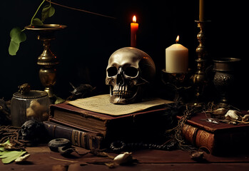 Wall Mural - Mysterious still life Voodoo Black magic with burning candles, skull, grimoire book and tarot cards on witch table. Esoteric, gothic and occult background, Halloween mystic concept.