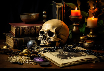 Wall Mural - Mysterious still life Voodoo Black magic with burning candles, skull, grimoire book and tarot cards on witch table. Esoteric, gothic and occult background, Halloween mystic concept.