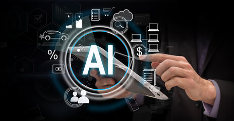 Poster - Hand holding smatphone with creative ai circuit brain and icons. Artificial intelligence and communication concept