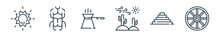 Outline Set Of Desert Line Icons. Linear Vector Icons Such As Sun, Beetle, Coffee, Cactus, Pyramid, Wheel. Vector Illustration.