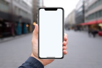 Sticker - hand holding phone with isolated screen on the background of a city street. Generative Ai.