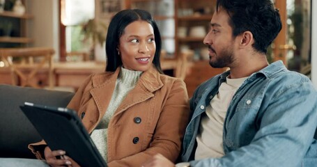 Aufkleber - Happy, talking and an interracial couple with a tablet on the sofa for social media or internet. Smile, house and a young man and woman speaking while typing and reading on technology for news