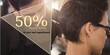 50 percent discount text with diverse female client and male hairdresser cutting hair