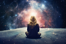Ai Generative. Back View, Young  Woman Meditating In Front Of Space