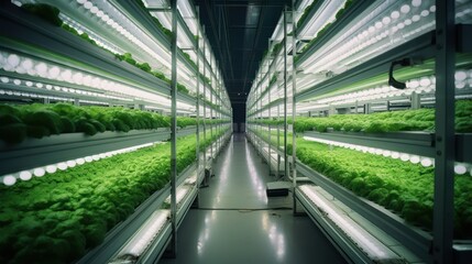 Sticker - Hydroponic indoor vegetable plant factory in exhibition space warehouse. Interior of the farm hydroponics. Green salad farm. Lettuce Roman growing in greenhouse with led lightning. Generative Ai.