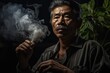 © sirisakboakaew - Asian man smoking marijuana  Dark and sullen shot of a man smoking