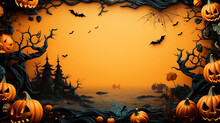 Happy Halloween Holiday Concept. Halloween Decorations, Bats, Ghosts On Orange Background