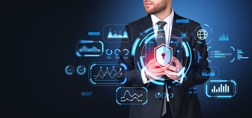 Poster - Businessman with smartphone in hands, big business data research and diagrams