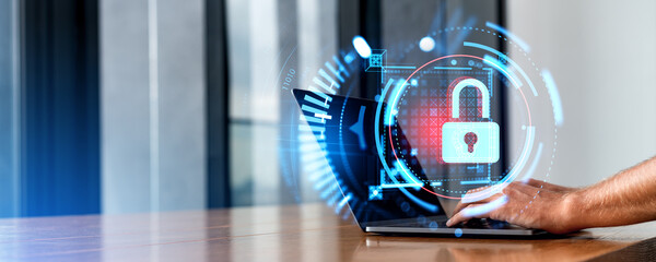 Poster - Man hands typing on laptop in office with lock cybersecurity hologram