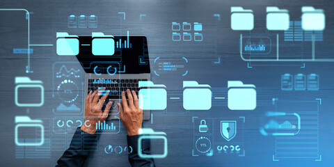 Poster - Top view of man using laptop, document management system with big data security