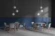 Grey cafe interior with chairs and round table, eating zone with furniture