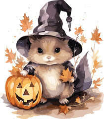 Cute doodle cat animal for halloween day with watercolor illustration.GenerativeAI.