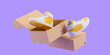 © ImageFlow - Yellow sneakers flying with carton box mockup copy space on purple background