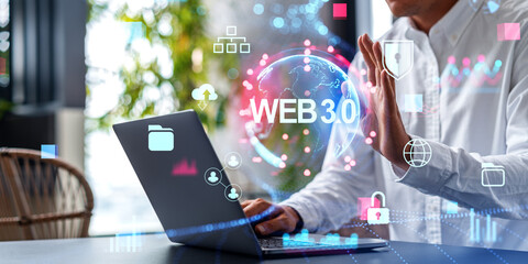 Poster - Man using laptop in office with web 3.0 hologram