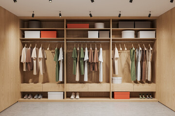 Light wooden walk in closet interior with wardrobe