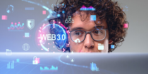 Poster - Businessman portrait and glowing web3 futuristic hologram with digital icons