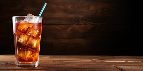 Wall Mural - Refreshing delight. Cold ice tea in glass on wooden table with fresh lemon slice. Closeup view