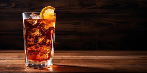 Wall Mural - Refreshing delight. Cold ice tea in glass on wooden table with fresh lemon slice. Closeup view