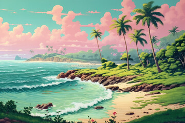 Drawing retro tropical beach summer background. Graphic illustration design. Generative ai.