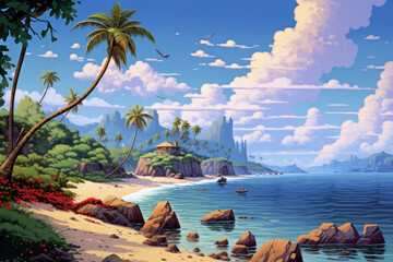 Wall Mural - drawing retro tropical beach summer background. graphic illustration design. generative ai.